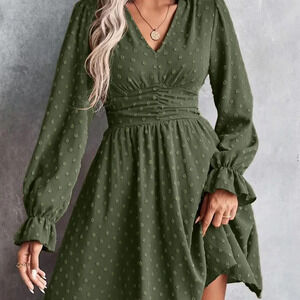 Army Green Casual Women's Swiss Dot Flounce long Sleeve Dress
